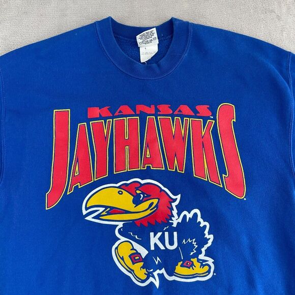 Vintage Kansas Jayhawks Sweatshirt Men XL Blue Big Logo Crew USA Made NutMeg Tag